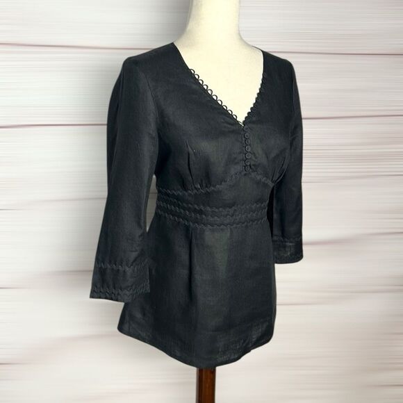 NWOT Anne Fontaine Charlette Blouse Top Linen Black V-Neck Tie Back Fr40 US6-8 - Picture 1 of 15